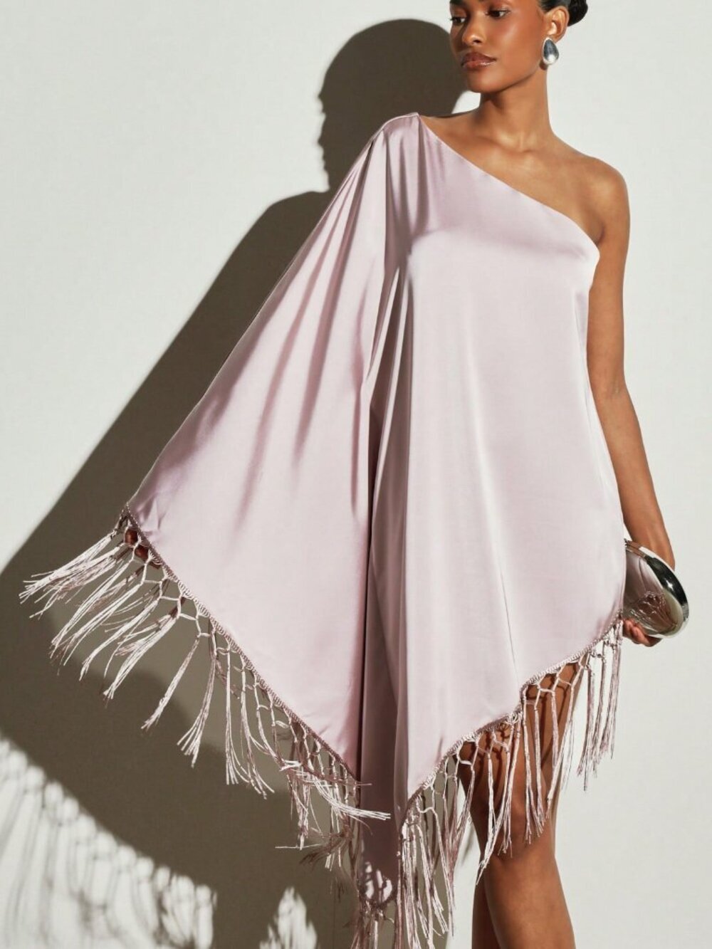 Pink Elegant Women's Satin One-Shoulder Cape Dress Mini Shift Evening Gown